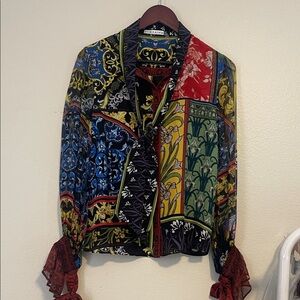 Alice & Olivia Multicolor Patchwork Print Silk Blouse - S/P.